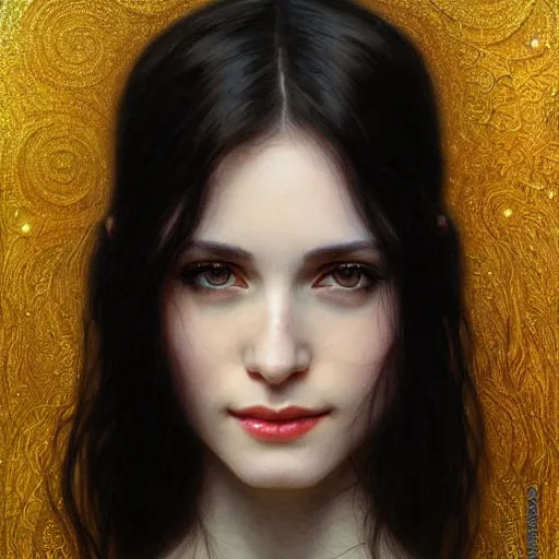 Image similar to portrait of a smiling, beautiful, pale skin female with long black hair, dark brown eyes, elegant clothing, photorealistic, highly detailed, artstation, smooth, sharp focus, neon lighting, sci - fi, art by gustav klimt, artgerm, greg rutkowski and alphonse mucha