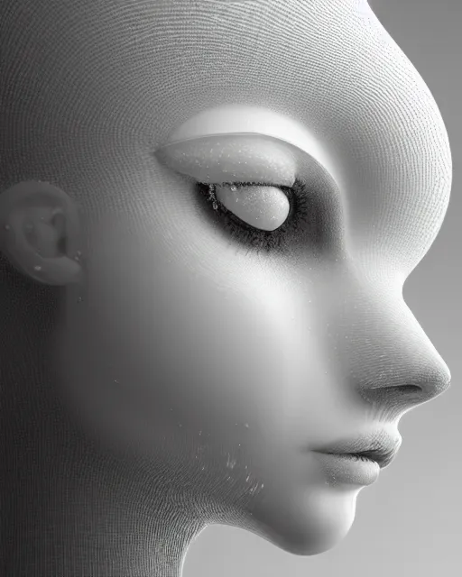 Image similar to mythical dreamy black and white organic translucent bio-mechanical spinal ribbed profile face portrait detail of mechanical beautiful female angelic-snowy-cyborg, highly detailed, intricate crystal jelly steampunk ornate, poetic, 3D render, digital art, octane render, 8K artistic photography, photo-realistic, by Dora Maar