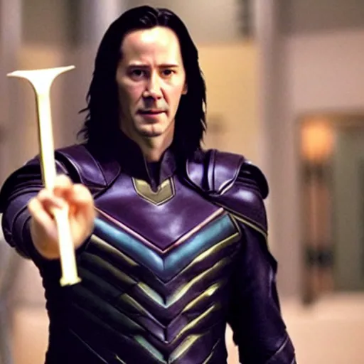 Prompt: film still of Keanu Reeves as Loki holding scepter in Loki tv show