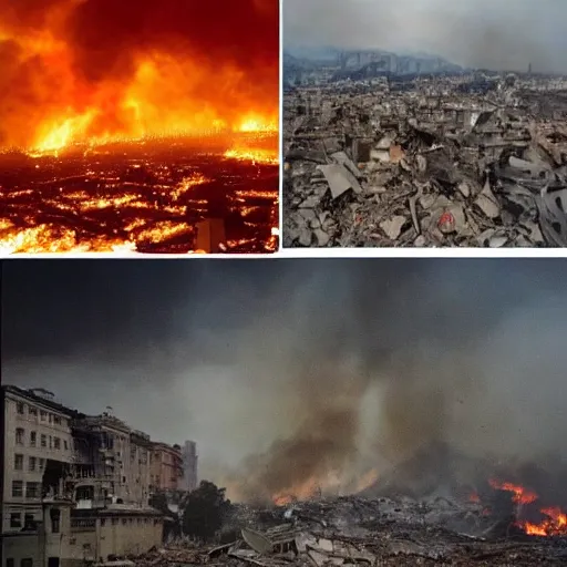 Image similar to a city is getting destroyed and buildings and palaces are collapsing a man from higher elevation looking at city while fire is everywhere and dead bodies and broken buildings are everywhere detailed