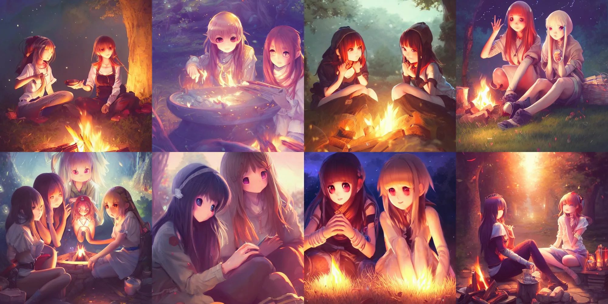 Prompt: very beautiful cute girls sitting around campfire at night, anime, super detailed faces and eyes, trending on artstation, pixiv, hyperdetailed Unreal Engine 4k 8k ultra HD, Stanley Artgerm Lau, WLOP, Rossdraws, James Jean, Marc Simonetti, Sakimichan, illustration, digital art, concept art, manga cover