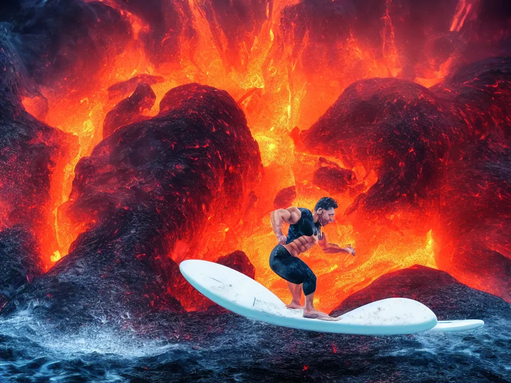 Image similar to portrait of a bodybuilder on surfing board inside erupting volcano, lava splashes, stunning scene, 8 k, extremely detailed digital painting, depth, bright colors, trending on artstation