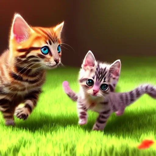 Prompt: two cute mult-colored kittens chasing a butterfly on a beautiful spring day outside, artstation, cgsociety