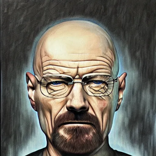 Prompt: walter white portrait, painting by h. r. giger