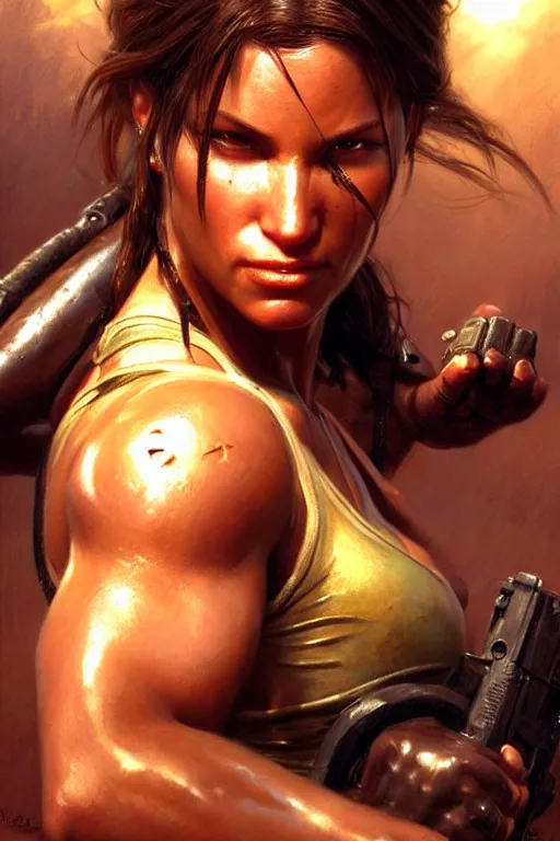 Image similar to muscular sweat lara croft, face close up, highly detailed painting by gaston bussiere, craig mullins, j. c. leyendecker 8 k