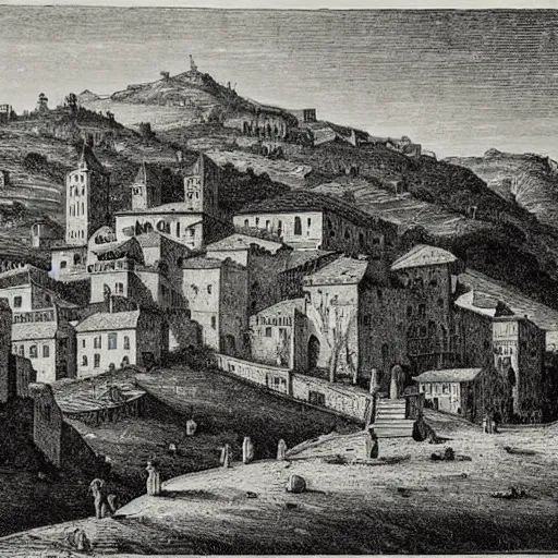 Image similar to medieval italian town landscape, gustave dore lithography