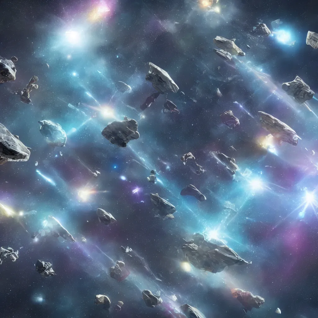 Prompt: galactic space fleet flying safely into an asteroid belt, 8 k resolution