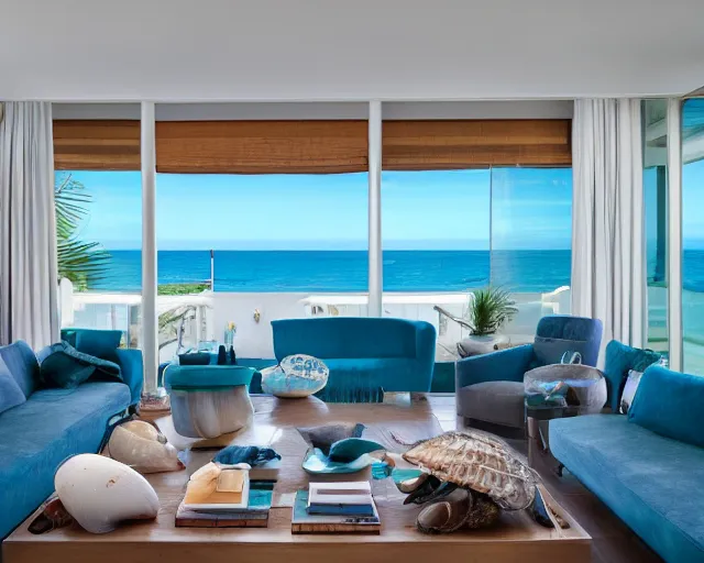 Prompt: A modern living room in a ocean hues style next to a big terrace overlooking the ocean, sea shells on top of a luxurious wooden coffee table in the center, inspired by the ocean, calm, relaxed style, harmony, wide angle shot, 8k resolution, ultra detailed