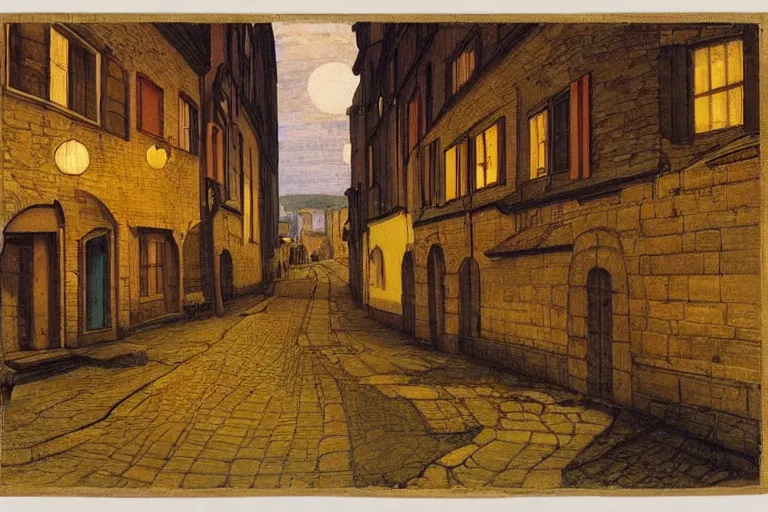 Image similar to winding street at midnight in a very old very beautiful city by ford madox brown and Nicholas Roerich and William Dyce, glowing paper lanterns, strong dramatic cinematic lighting , ornate tiled architecture, lost civilizations, smooth, sharp focus, extremely detailed