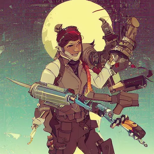 Image similar to Lalo Salamanca as Watts from RWBY, style of Borderlands and by Feng Zhu and Loish and Laurie Greasley, Victo Ngai, Andreas Rocha, John Harris