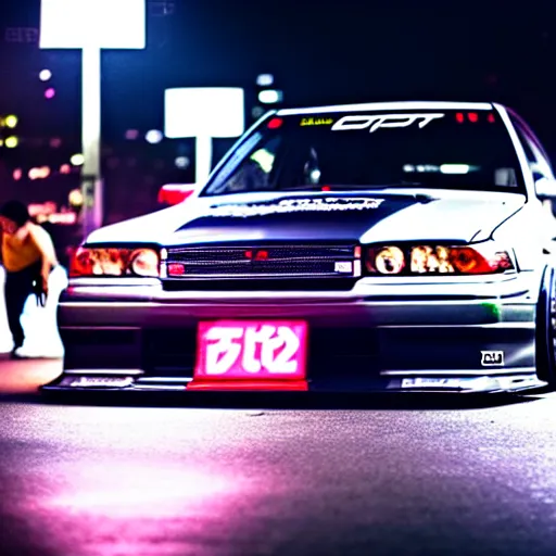 Image similar to a car JZX100 twin turbo drift at illegal car meet, Shibuya prefecture, city midnight mist lights, cinematic lighting, photorealistic, highly detailed wheels, high detail