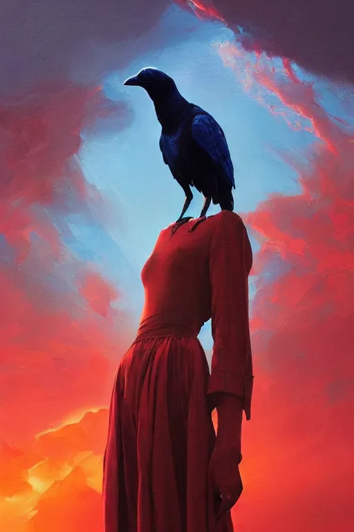 Prompt: 3 d, sci - fi, morning, raven bird, sun, cinematic, lightning clouds, vogue cover style, light red and deep blue mood, realistic painting, intricate oil painting, high detail, figurative art, multiple exposure, poster art, 3 d, stanley kubrick, by tooth wu and wlop and beeple and greg rutkowski