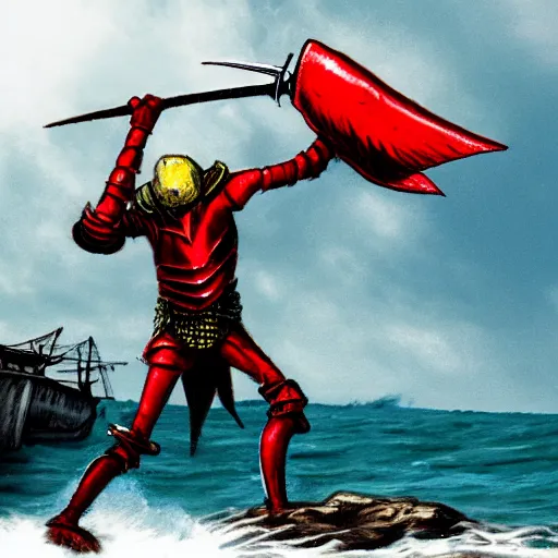 Image similar to a photo of the Lobster Knight walking onto an old run down sailship with a claw arm and a human arm holding a sword, 8k, hyper realistic,fine details, foreboding