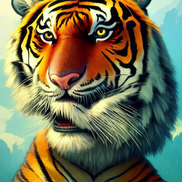 Image similar to excellent painted portrait of tiger, high quality masterpiece painted isometric view, patterned, 4k, trending on artstation, octane render, art by James Jean and artgerm and greg rutkowski and alphonse mucha and craig mullins and James Jean and Andrei Riabovitchev and Marc Simonetti and peter mohrbacher