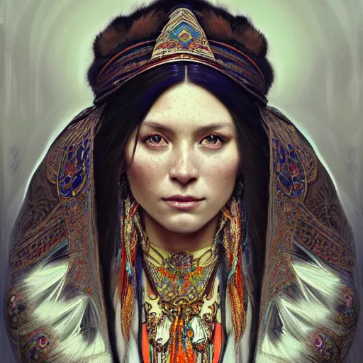 Image similar to a portrait of a female shaman, upper half portrait, decorated with russian motifs, russian shaman, siberia, traditional russia, intricate, elegant, highly detailed, symmetry, headpiece, digital painting, artstation concept art smooth sharp focus, illustration, art by artgerm and greg rutkowski alphonse mucha 8 k