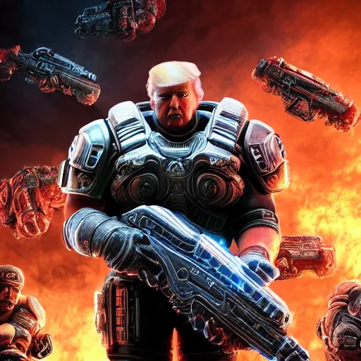 Image similar to Photo portrait of Donald Trump as God-Emperor in Gears of War, splash art, movie still, detailed face, photorealistic facial features, cinematic lighting, dramatic, octane render, long lens, shallow depth of field, bokeh, anamorphic lens flare, 8k, hyper detailed, 35mm film grain