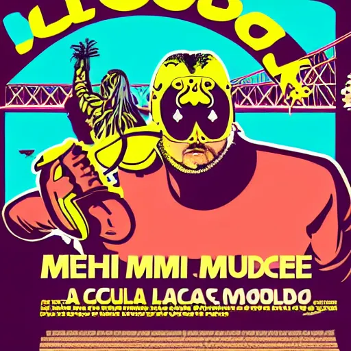 Image similar to Miami Vice themed luchador event on the Golden Gate Bridge; Luchador costume; miami Vice; colors; graphic art; vector graphics; masterpiece illustration comic