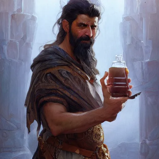 Prompt: an, old, weathered middle eastern warrior, drinking alcohol, D&D, highly detailed, digital painting, artstation, concept art, sharp focus, illustration, cinematic lighting, art by artgerm and greg rutkowski and alphonse mucha