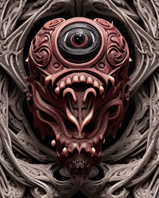 Image similar to 3 d ornate carved hellboy with tattoos profile portrait, sigma 5 0 0 mm f / 5. beautiful intricate highly detailed quetzalcoatl skull. bioluminescent, plasma, lava, ice, water, wind, creature, thunderstorm! artwork by tooth wu and wlop and beeple and greg rutkowski, 8 k trending on artstation