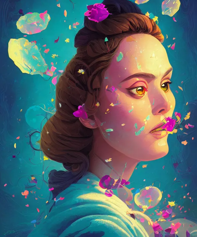 Image similar to delirium portrait of padme amidala, by petros afshar, ross tran, peter mohrbacher, tom whalen, flower petals, bubbly scenery, radiant light