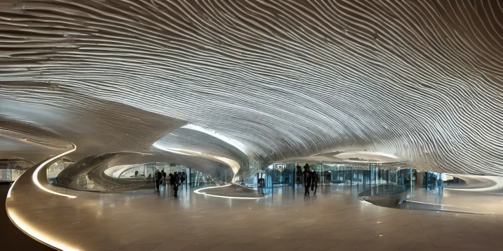 Image similar to extremely detailed stunning beautiful futuristic smooth curvilinear museum interior