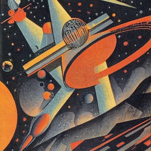 Image similar to space travel. graphical work by anatoly fomenko and bilibin and giger and lissitzky