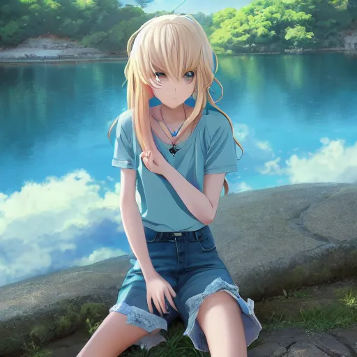 Image similar to a very beautiful anime girl, full body, long wavy blond hair, sky blue eyes, full round face, short smile, cute top, short jeans, summer lake setting, cinematic lightning, medium shot, mid-shot, highly detailed, trending on Artstation, Unreal Engine 4k, cinematic wallpaper by Stanley Artgerm Lau, WLOP, Rossdraws, James Jean, Andrei Riabovitchev, Marc Simonetti, and Sakimichan