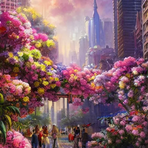 Image similar to a painting of an art - deco cityscape surrounded by flowers, a watercolor and matte painting by mark keathley and mandy jurgens and charlie bowater, cgsociety, artdeco, utopia art, bold colors, sci - fi, artstation hq