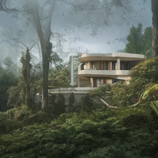 Image similar to beige house with big central garden, on a hill surrounded by big trees, dramatic lighting, artstation, matte painting, raphael lacoste, simon stalenhag, frank lloyd wright, zaha hadid, drone view