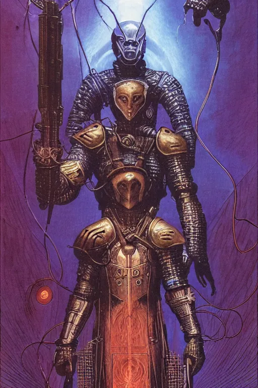 Prompt: tarot card print of the ukrainian knight by wayne barlowe, cyberpunk comic cover art, very intricate, thick outline, artstation