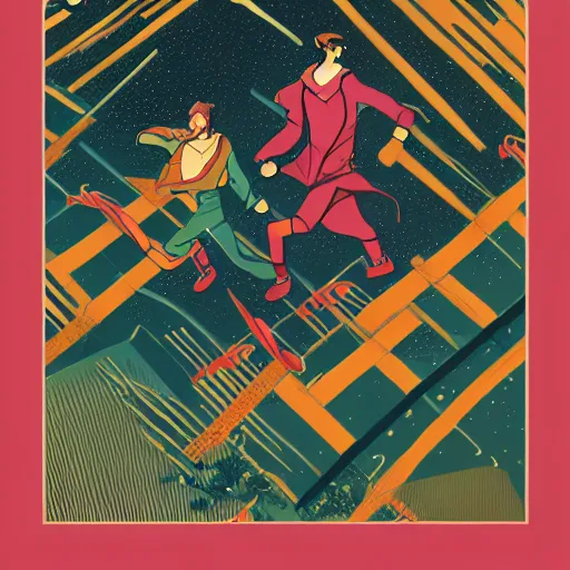 Image similar to a drawing of two men running together, a poster by victo ngai, pixiv contest winner, art nouveau, official art, wiccan, tarot card