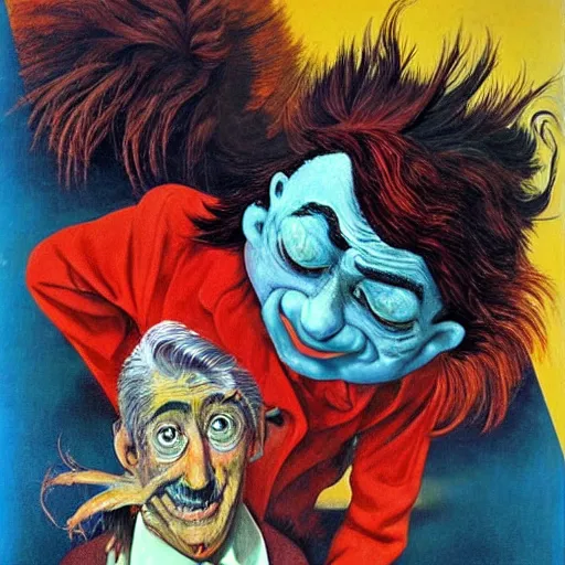 Prompt: dr seuss francisco goya stephen gammell max ernst graham ingels, beautiful vibrant colors. realistic faces colorful image. award - winning art!