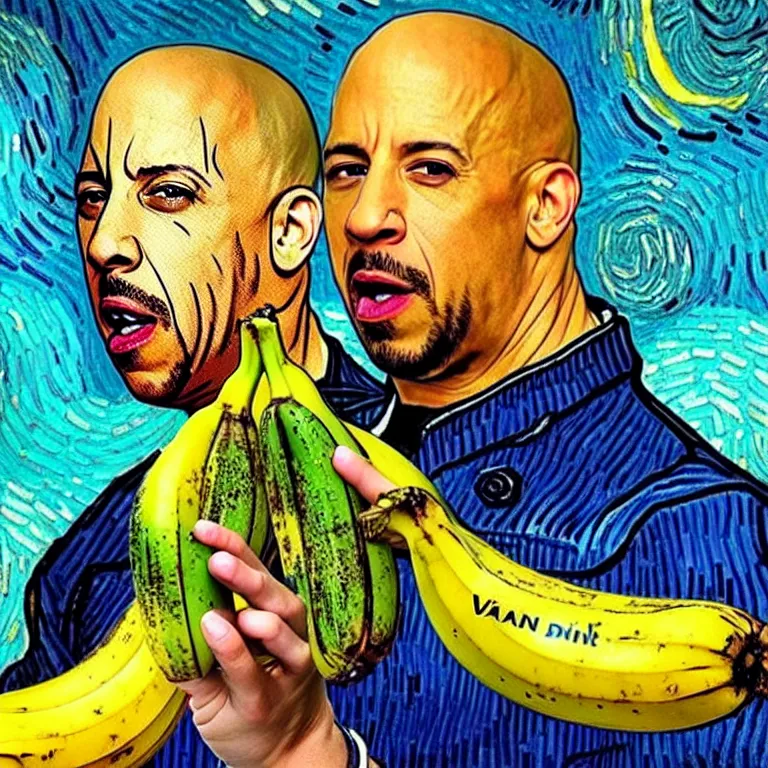 Image similar to vin diesel licking a banana in the style of van gogh