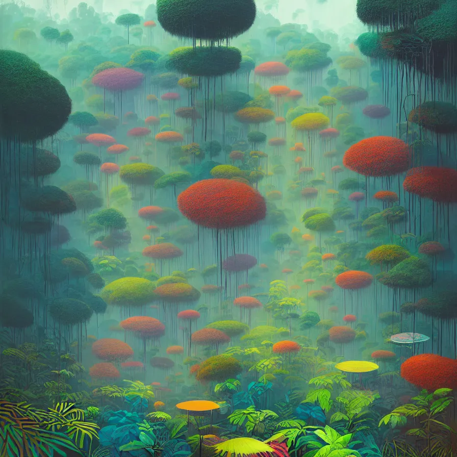 Image similar to surreal glimpse, malaysia jungle, summer morning, very coherent and colorful high contrast pastel art by gediminas pranckevicius james gilleard james gurney floralpunk screen printing woodblock, dark shadows, hard lighting, stippling dots,