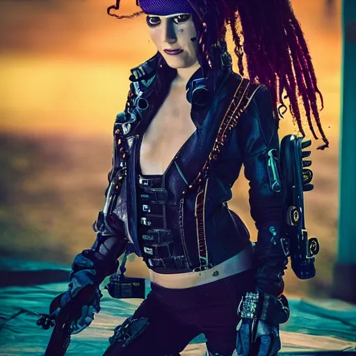 Image similar to photo of a cyberpunk female pirate
