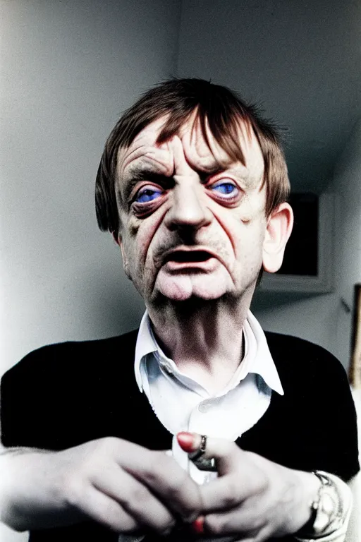 Prompt: highly detailed full colour photo of Mark E Smith, smoking a cigarette