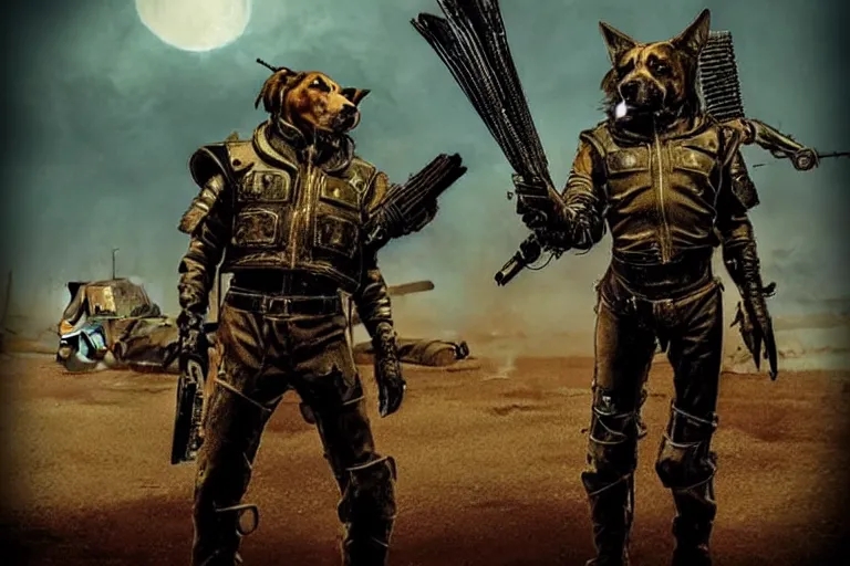 Image similar to a good ol'hound dog fursona ( from the furry fandom ), heavily armed and armored facing down armageddon in a dark and gritty version from the makers of mad max : fury road. witness me.