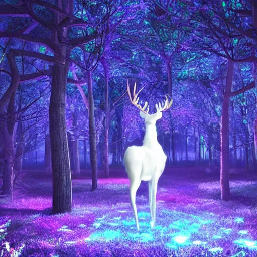 Image similar to ethereal white deer stands in the center of a dark blue tree grove, surrounded by purple neon glowing flowers and glowing mushrooms. the moonlight peeking through the trees. ultra realistic, 4k.