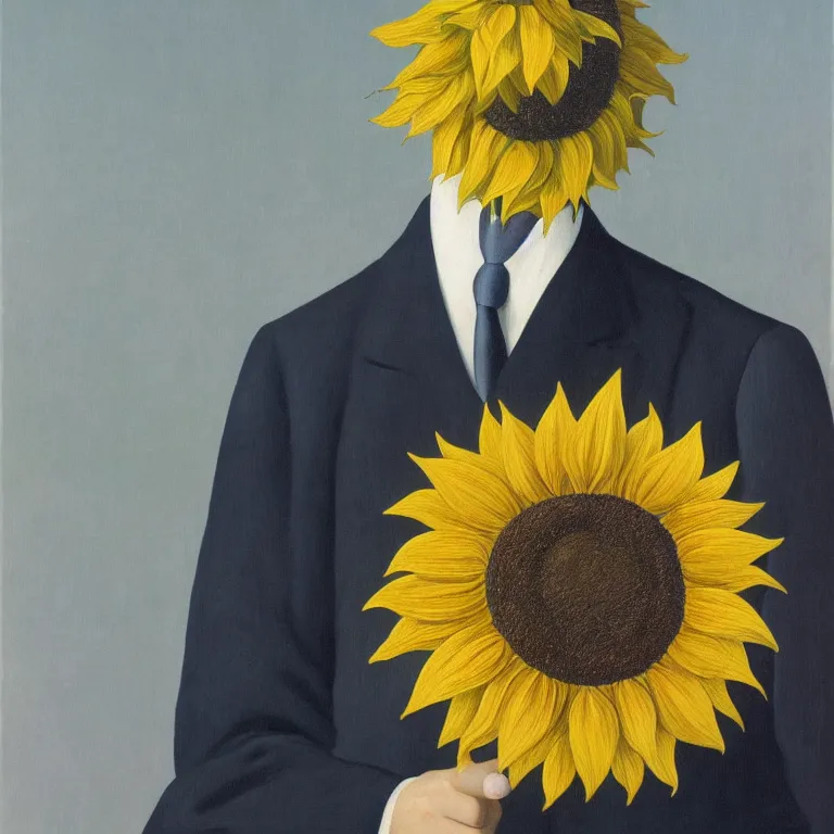 Image similar to portrait of a faceless sunflower - head man in a suit by rene magritte, detailed painting, distance, centered, hd, hq, high resolution, high detail, 4 k, 8 k