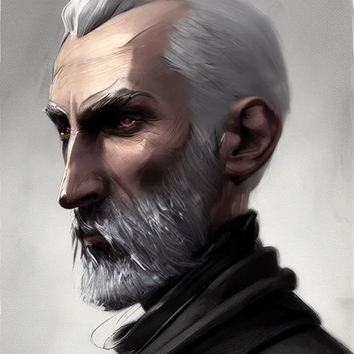 Prompt: man with grey hair by Cédric Peyravernay, painting, portrait, dishonored concept art