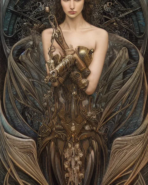 Prompt: in the style of beautiful gal gadot, steampunk, detailed and intricate by jean delville, gustave dore and marco mazzoni, art nouveau, symbolist, visionary, gothic, pre - raphaelite