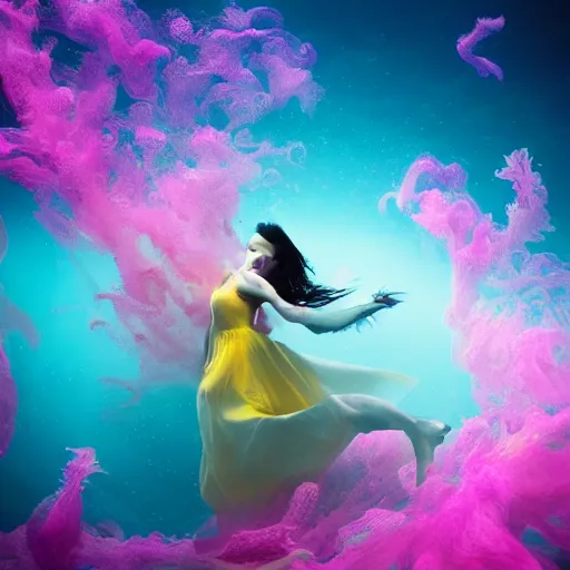 Image similar to beautiful realistic woman dancing underwater wearing a flowing dress made of blue, magenta, and yellow seaweed, delicate coral sea bottom, swirling silver fish, swirling smoke shapes, octane render, caustics lighting from above, cinematic