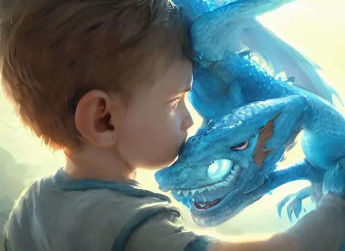 Prompt: a cute little boy with tousled blonde hair and blue eyes holds a blue baby dragon, beautiful fantasy art by greg rutkowski.