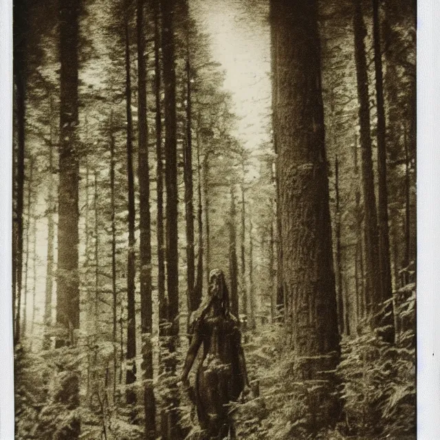 Image similar to mythical creature in a forest, grainy vintage polaroid