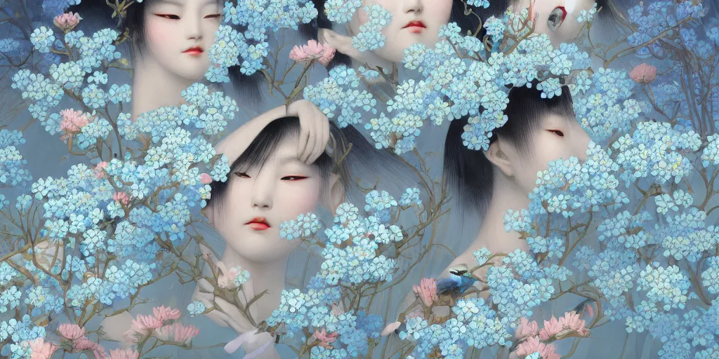 Image similar to breathtaking detailed concept art painting art deco pattern of japanese faces goddesses amalmation light - blue flowers with anxious piercing eyes and blend of flowers and birds, by hsiao - ron cheng and john james audubon, bizarre compositions, exquisite detail, extremely moody lighting, 8 k