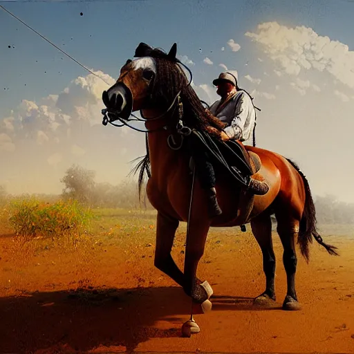 Image similar to horse on man, the man is carried by the horse, hyperrealism, no blur, 4 k resolution, ultra detailed, style of ron cobb, adolf hiremy - hirschl, syd mead, ismail inceoglu, rene margitte