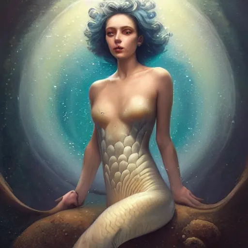 Image similar to By Olga Nikitina and Tom Bagshaw, ultra realist soft painting of an underwater fish universe by night, beautiful mermaid in curvy bodysuit, symmetry accurate features, very intricate details, deep underwater environment, rainbow lighting, volumetric light water