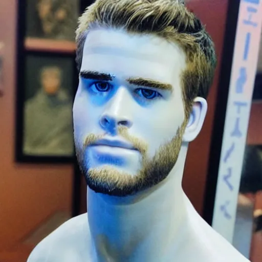 Image similar to “a realistic detailed photo of a guy who is an attractive humanoid who is half robot and half humanoid, who is a male android, actor Liam Hemsworth, shiny skin, posing like a statue, blank stare, at the museum, on display”