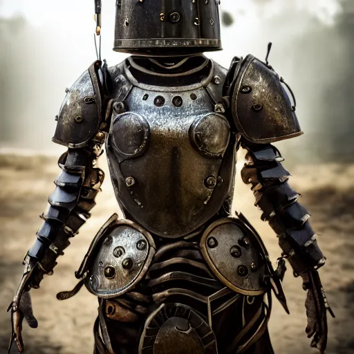 Image similar to steam punk knight wearing armor, steam comes out of the armor, shallow depth of field, moody lighting, 8 k,