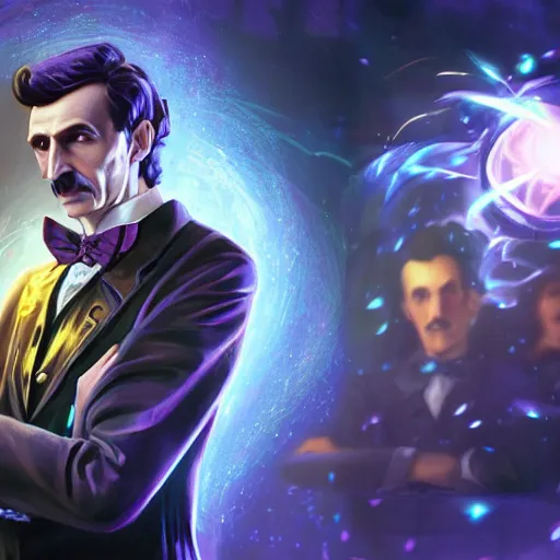 Image similar to portrait of nikola tesla as willy wonka, league of legends amazing splashscreen artwork, fantasy, splash art, natural light, elegant, photorealistic facial features, intricate, fantasy, detailed face, atmospheric lighting, anamorphic lens flare, cinematic lighting, league of legends splash art, hd wallpaper, ultra high details by greg rutkowski